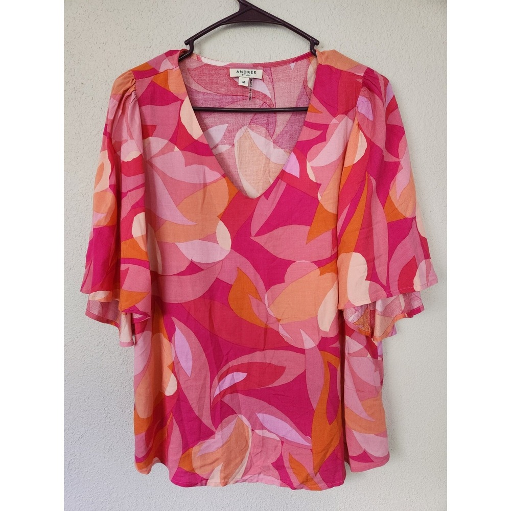 Andree By Unit Flutter Sleeve Pink Orange Abstract Pattern Womens Medium